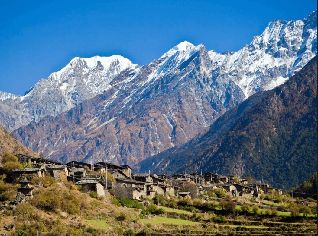 Sama Gaun village with Manaslu mountain in background Manaslu Circuit Trek