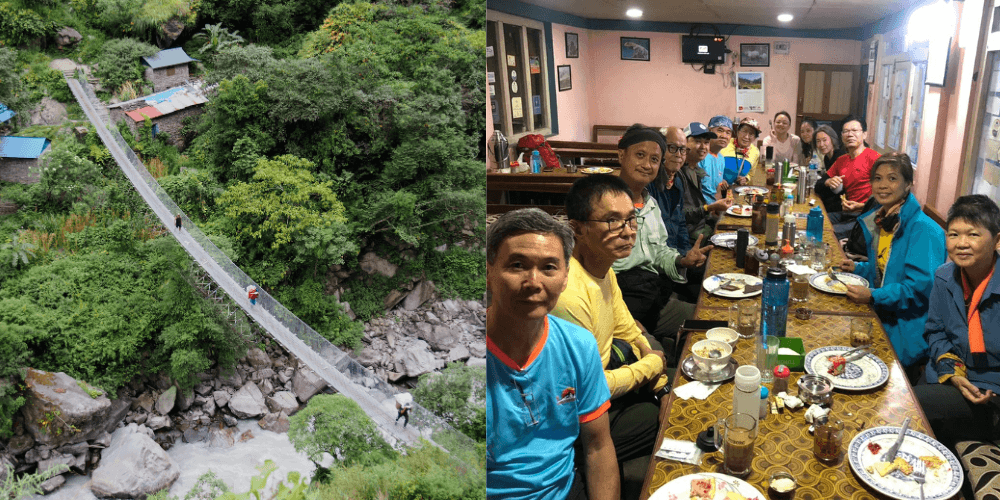 Trekkers-having-dinner-and-suspension-bridge-view